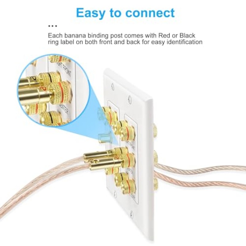 홈 시어터 5.1 서라운드 사운드 분배 월 플레이트 5개 스피커용 바나나 바인딩 포스트 커플러 10개 및 서브우퍼용 RCA 1개