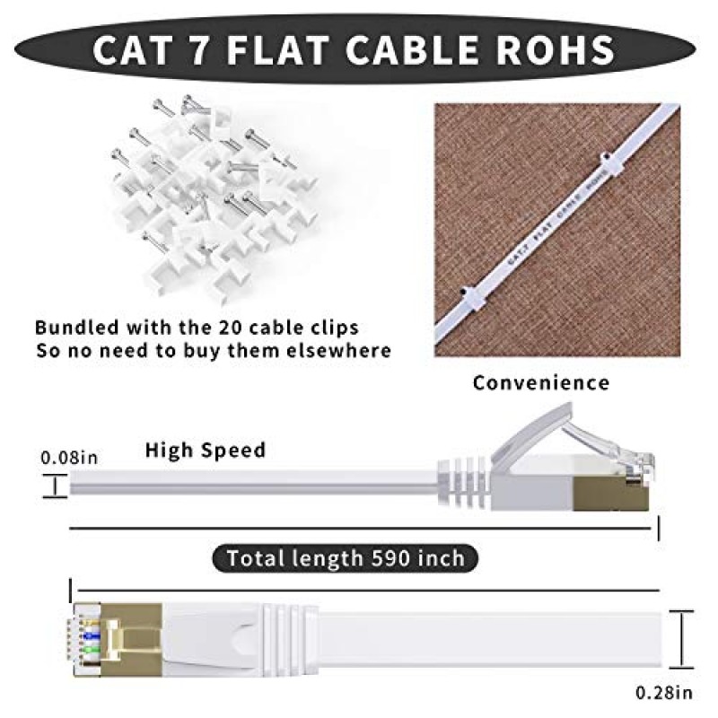 Lapsouno Cat7 이더넷 케이블 100피트, 내구성이 뛰어난 고속 플랫 인터넷 네트워크 컴퓨터 코드, Cat6 네트워크보다 빠름, 라우터 모뎀 Xbox PS4 PS5-White용 Rj45 커넥터가 있는 슬림형 Cat7 LAN 와이어