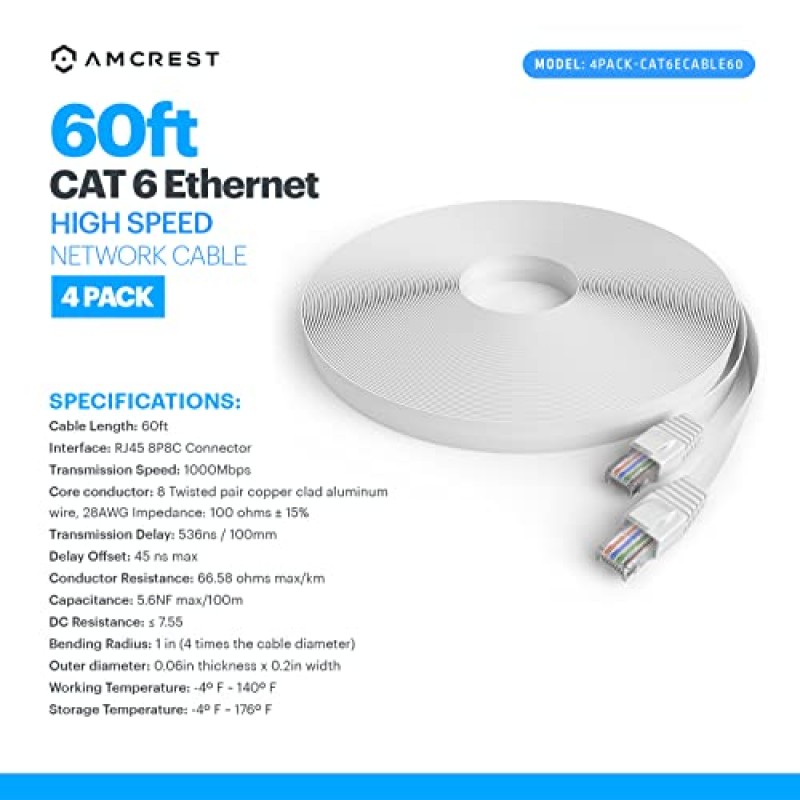 Amcrest CAT6E 4K 등급 비디오 POE 이더넷 케이블 PoE 보안 IP 카메라, 스마트 TV, PS4, Xbox One, 라우터, 노트북, 컴퓨터, 홈용 60피트 인터넷 고속 네트워크 케이블(4PACK-CAT6ECABLE60)