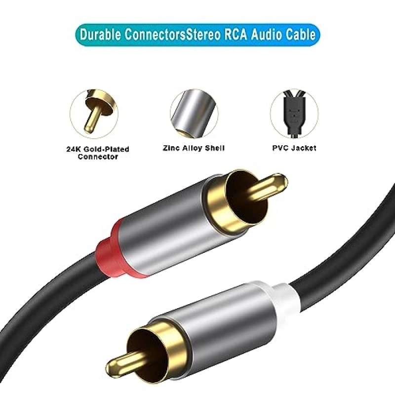 RCA 케이블, 2RCA 남성 - 2RCA 남성 스테레오 오디오 케이블 금도금 차량용 오디오 서브우퍼 어댑터 홈 시어터 증폭기용 이중 차폐 빨간색 및 흰색 코드 Hi-Fi 시스템 차량용 오디오 스피커(3.3FT, 1)