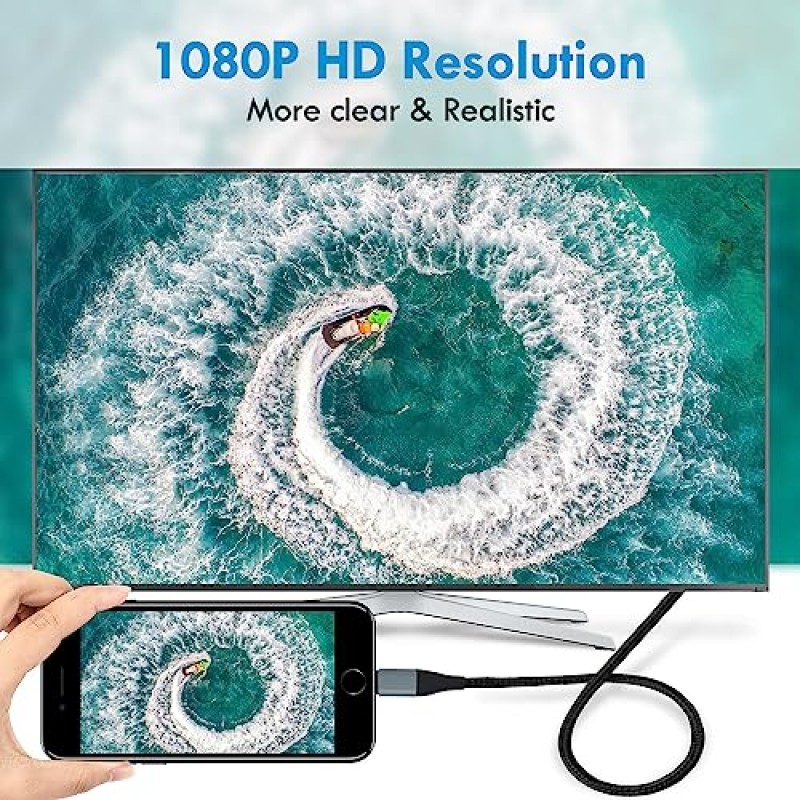 Lightning-HDMI 어댑터, iPhone14, 13, 12, 11 및 YouTube-TV 출력과 호환되는 iPhone-TV용 HDMI 케이블, 1080P HD 디스플레이, 비디오 및 사운드 동기화, 플러그 앤 플레이(6.6FT, 회색)