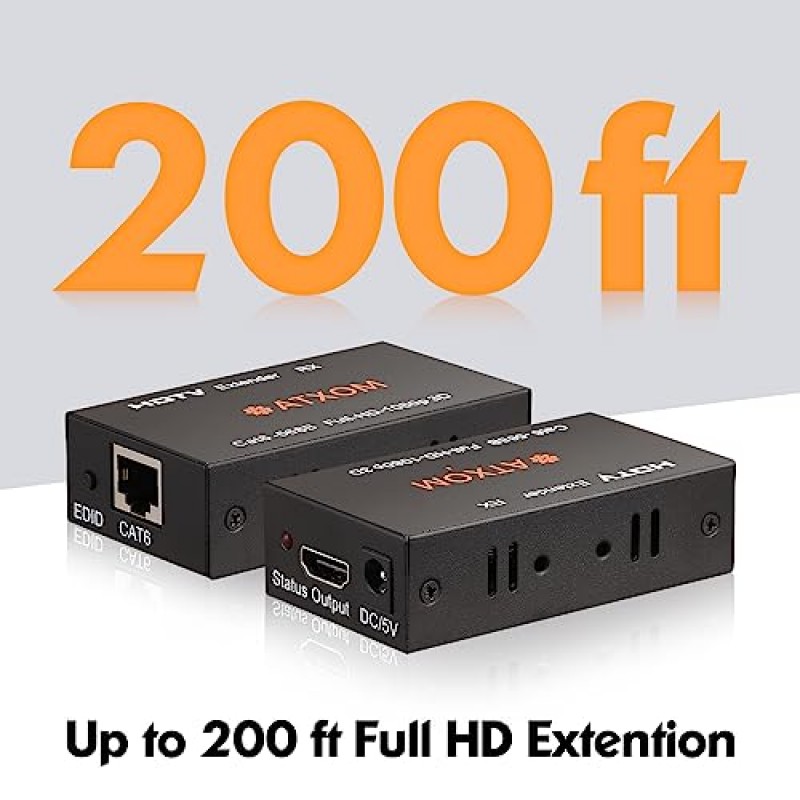 ATXOM HDMI 이더넷 연장기, Cat 5e/6/7 이상, 최대 200Ft, Full HD 1080P @ 60HZ, EDID 복사, Dolby Digital/DTS 호환, 이더넷을 통한 Full HD 신호 분배, POC 송신기 및 수신기