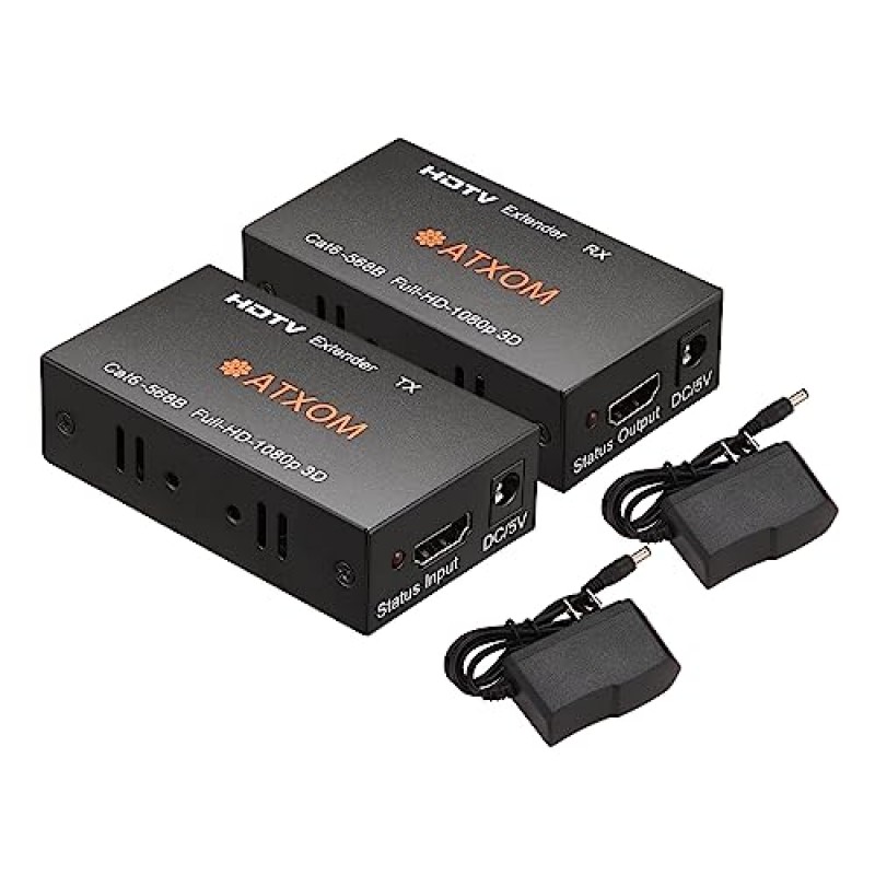 ATXOM HDMI 이더넷 연장기, Cat 5e/6/7 이상, 최대 200Ft, Full HD 1080P @ 60HZ, EDID 복사, Dolby Digital/DTS 호환, 이더넷을 통한 Full HD 신호 분배, POC 송신기 및 수신기