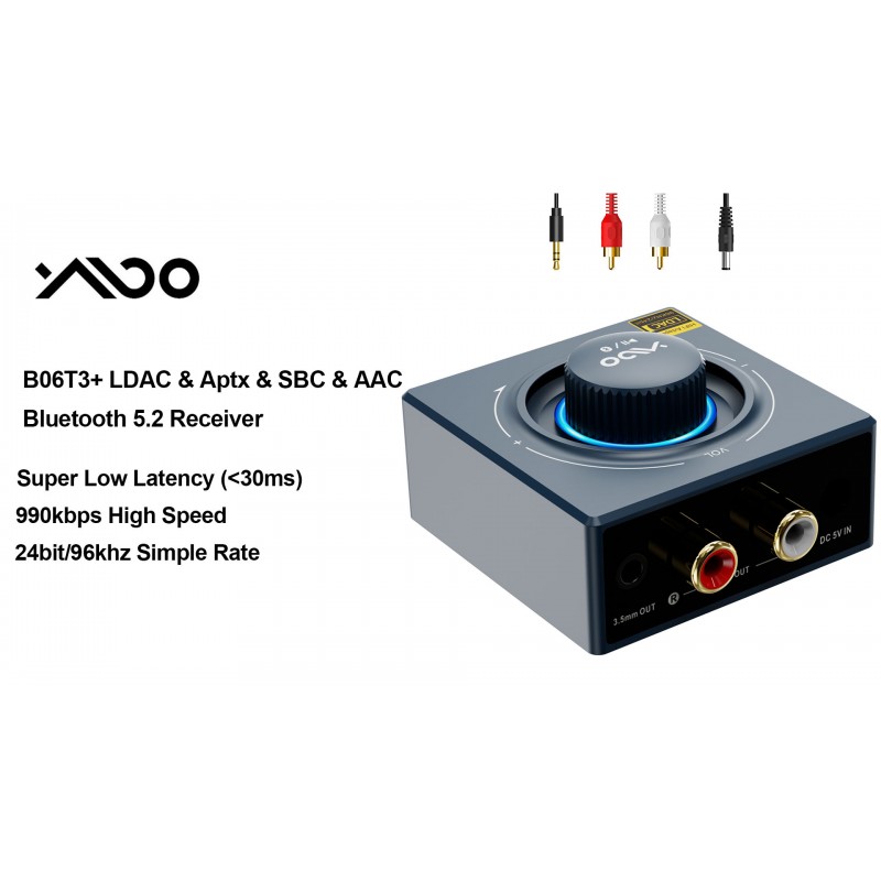 YMOO B06T3+ Bluetooth 5.2 수신기, 홈 스테레오용 LDAC Aptx SBC AAC Bluetooth 오디오 어댑터, 30ms 낮은 대기 시간, 전화/태블릿/노트북의 스피커/구형 스테레오/앰프용 RCA 3.5mm 잭 aux HiFi