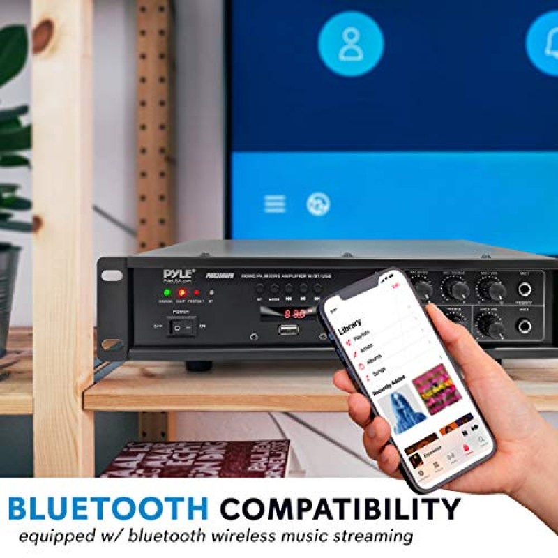 Pyle Bluetooth 홈 PA 믹싱 증폭기 - 500W 홈 오디오 랙 마운트 스테레오 전력 증폭기 수신기(FM 라디오 포함), 디지털 LED 디스플레이, USB/AUX/마이크, 광/동축, AC-3, 70V/100V 출력 - PMX3500PH