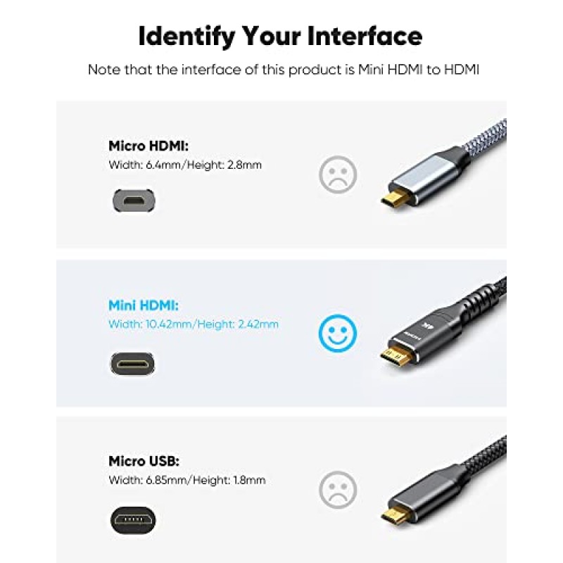 Highwings 미니 HDMI - HDMI 케이블 10FT, (4K 60Hz) 고속 HDMI - 미니 HDMI 남성 양방향 2.0 코드, 태블릿, 카메라 및 캠코더용 미니 HDMI 어댑터 [알루미늄 쉘, 나일론 브레이드] 검정색