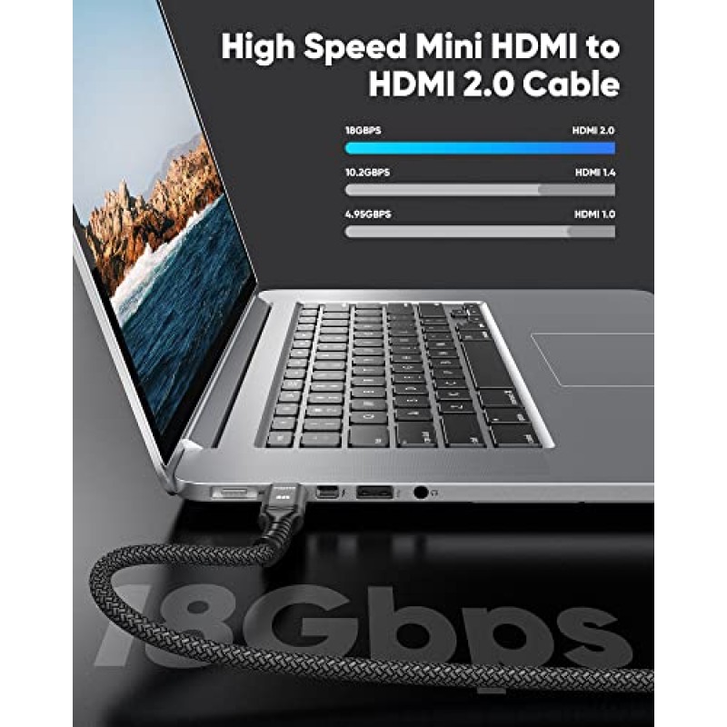 Highwings 미니 HDMI - HDMI 케이블 10FT, (4K 60Hz) 고속 HDMI - 미니 HDMI 남성 양방향 2.0 코드, 태블릿, 카메라 및 캠코더용 미니 HDMI 어댑터 [알루미늄 쉘, 나일론 브레이드] 검정색