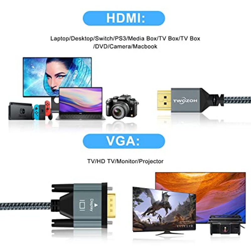 Twozoh HDMI-VGA 케이블 5FT. 알루미늄 합금 쉘 나일론 편조 및 금도금 지원 1080P/60HZ