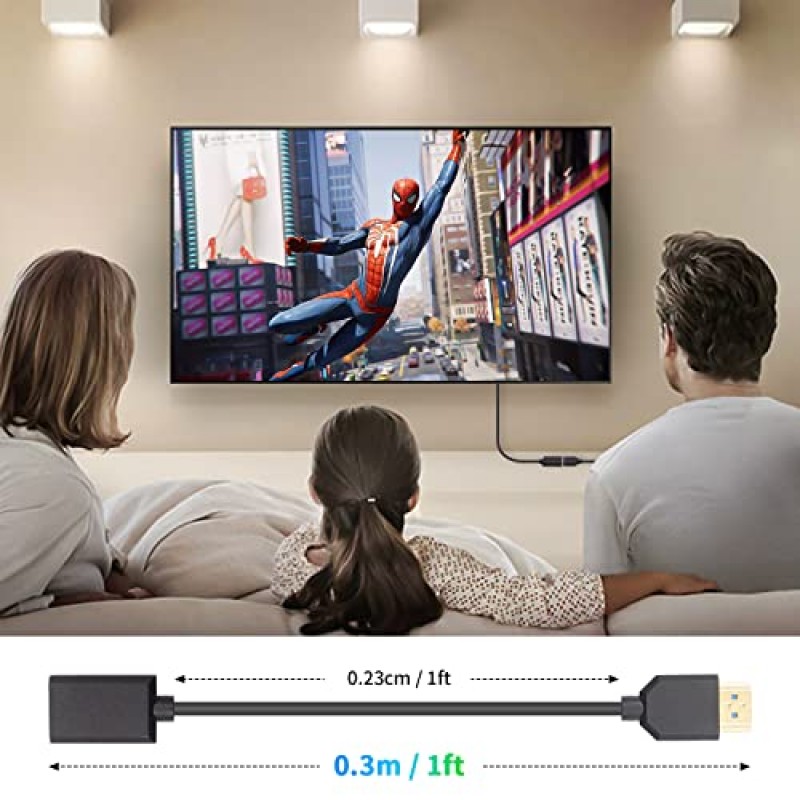 Duttek 8K HDMI 연장 케이블, 48Gbps HDMI - HDMI 2.1 케이블, 매우 얇은 HDMI 남성 - 여성 케이블, PC, 노트북, TV, Xbox, PS5, PS4 12인치/30cm용 8K@60Hz 비디오 포함