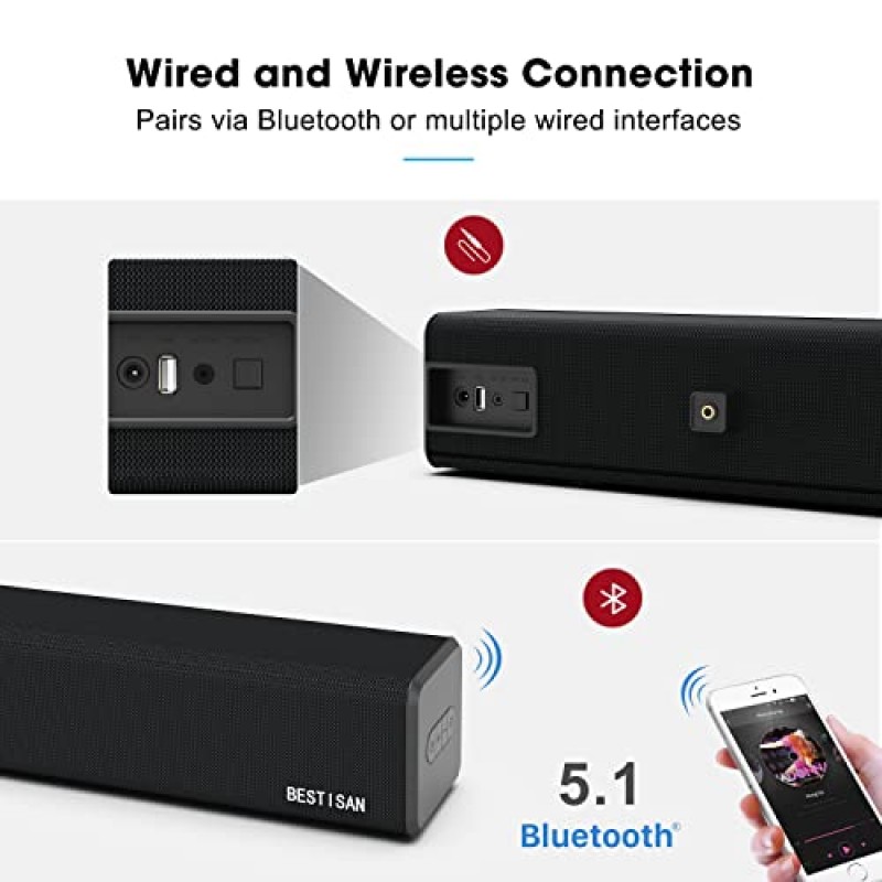 Bestisan 2.1채널 100Watt 사운드바, 서브우퍼 내장 사운드바 Bluetooth 5.1 서라운드 사운드 시스템(32인치, DSP, HDMI-ARC, 리모컨, 저음 조절 가능)