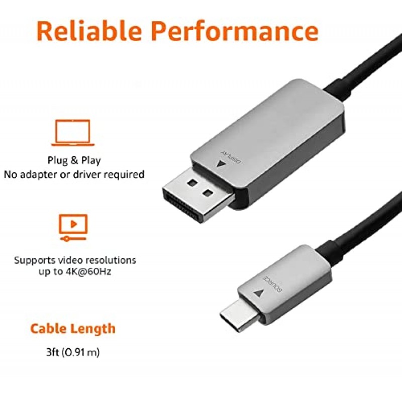 Amazon Basics DisplayPort-USB-C 케이블, 4Kx2K@60Hz, 알루미늄 하우징, 3피트, 검정색