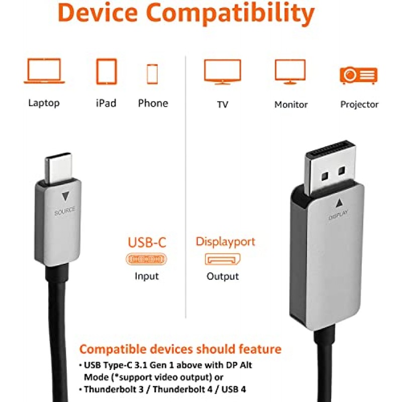 Amazon Basics DisplayPort-USB-C 케이블, 4Kx2K@60Hz, 알루미늄 하우징, 3피트, 검정색