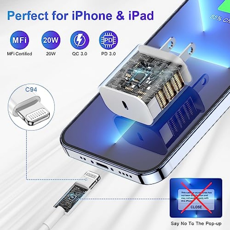 deloni 3팩 iPhone 충전기 고속 충전 [Apple MFi 인증], 10 FT 긴 USB C-Lightning 케이블(Apple 블록 유형 포함), 14/13 Pro/12 Pro Max/11XS Max/XS용 고속, 흰색