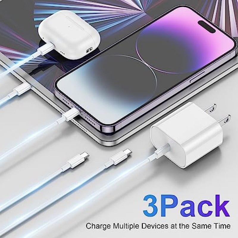 deloni 3팩 iPhone 충전기 고속 충전 [Apple MFi 인증], 10 FT 긴 USB C-Lightning 케이블(Apple 블록 유형 포함), 14/13 Pro/12 Pro Max/11XS Max/XS용 고속, 흰색