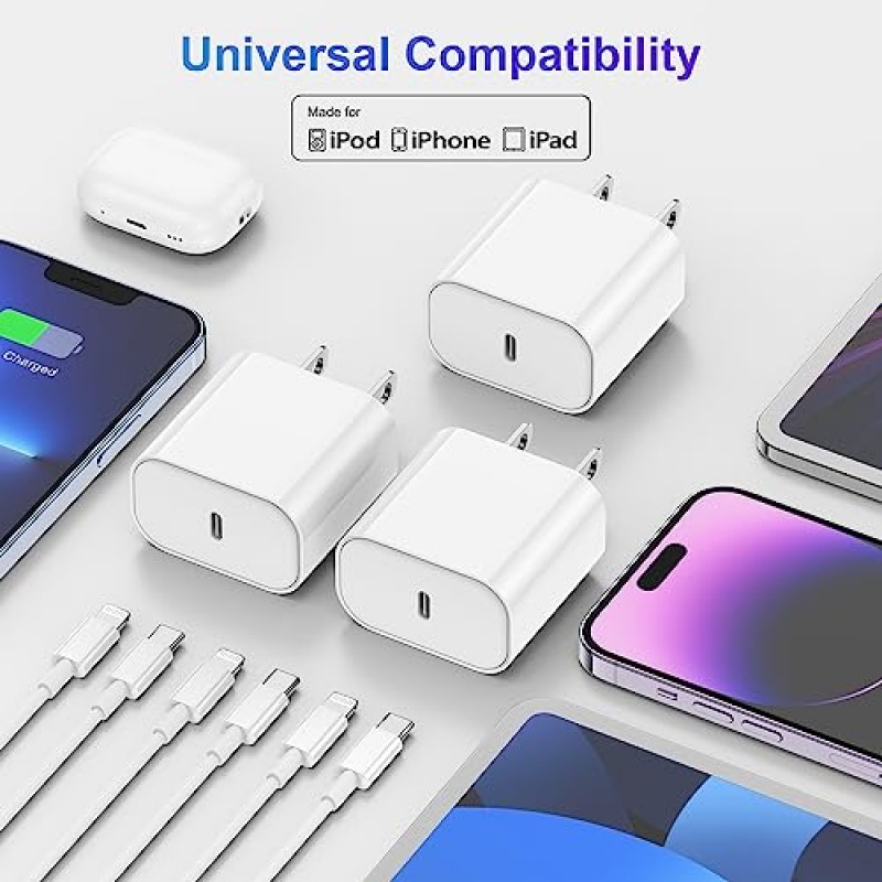 deloni 3팩 iPhone 충전기 고속 충전 [Apple MFi 인증], 10 FT 긴 USB C-Lightning 케이블(Apple 블록 유형 포함), 14/13 Pro/12 Pro Max/11XS Max/XS용 고속, 흰색