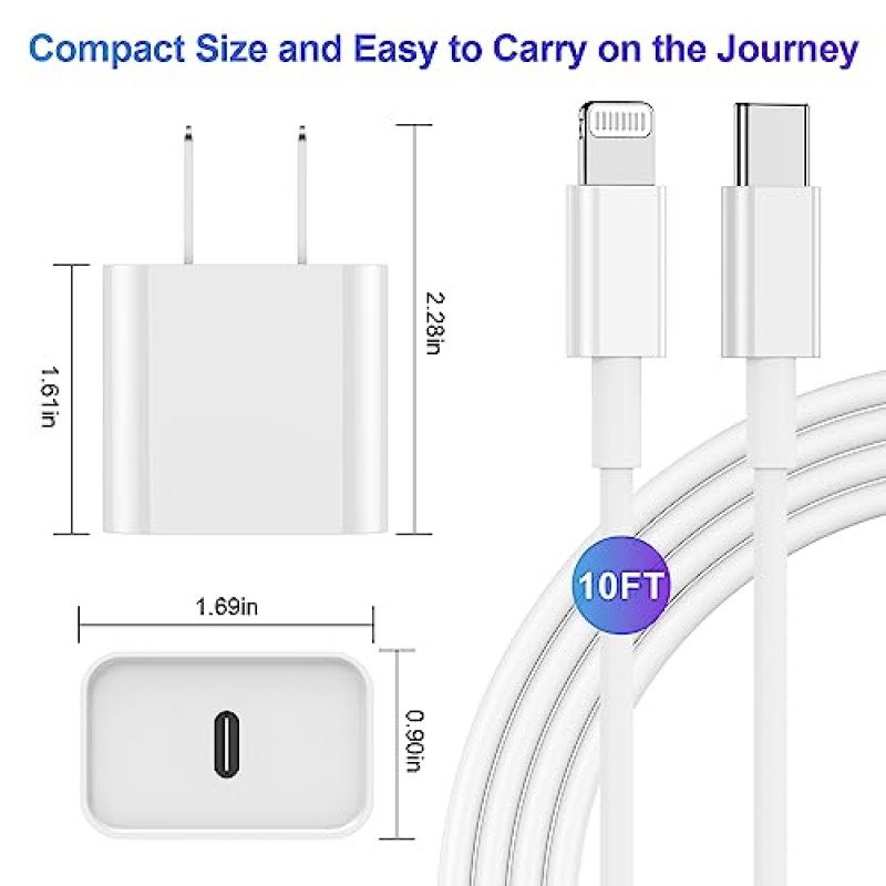 deloni 3팩 iPhone 충전기 고속 충전 [Apple MFi 인증], 10 FT 긴 USB C-Lightning 케이블(Apple 블록 유형 포함), 14/13 Pro/12 Pro Max/11XS Max/XS용 고속, 흰색