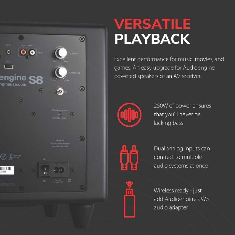 Audioengine S8 구동 서브우퍼 스피커 - 홈 스피커 시스템용 증폭기 및 듀얼 오디오 입력이 내장된 250W 8인치 홈 서브우퍼(블랙)