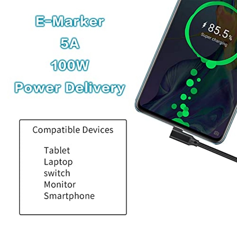 90도 팔꿈치 짧은 USB C - USB C 케이블 0.7FT, Typec USB3.1 케이블 20Gbps USB-C 3.2 Gen 2 케이블 4K 비디오 코드 100W PD 고속 충전 호환, 삼성 T7/T5/X5 SSD,MacBook Pro, 모바일 하드 드라이브용