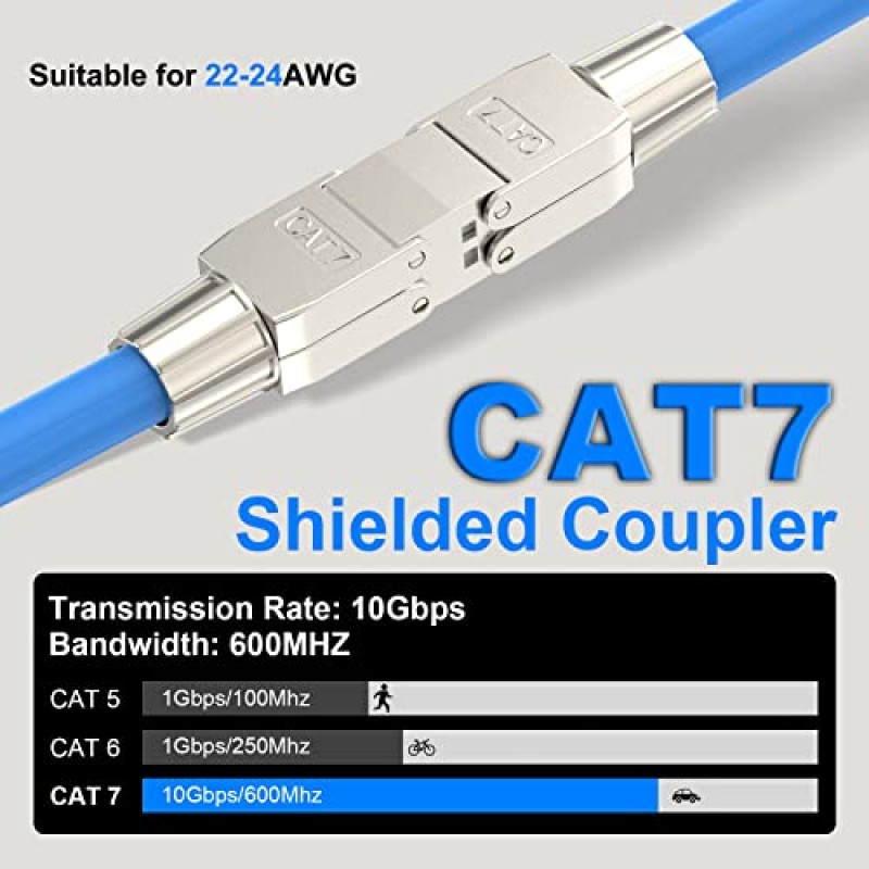 VCELINK 도구가 필요 없는 RJ45 커플러 차폐, 도구가 필요 없는 이더넷 케이블 연장기 Cat7/Cat6a/Cat6 네트워크 케이블용 PoE+ 2팩, 실버