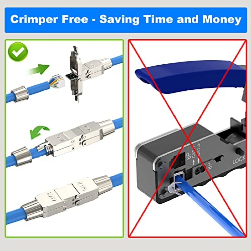 VCELINK 도구가 필요 없는 RJ45 커플러 차폐, 도구가 필요 없는 이더넷 케이블 연장기 Cat7/Cat6a/Cat6 네트워크 케이블용 PoE+ 2팩, 실버