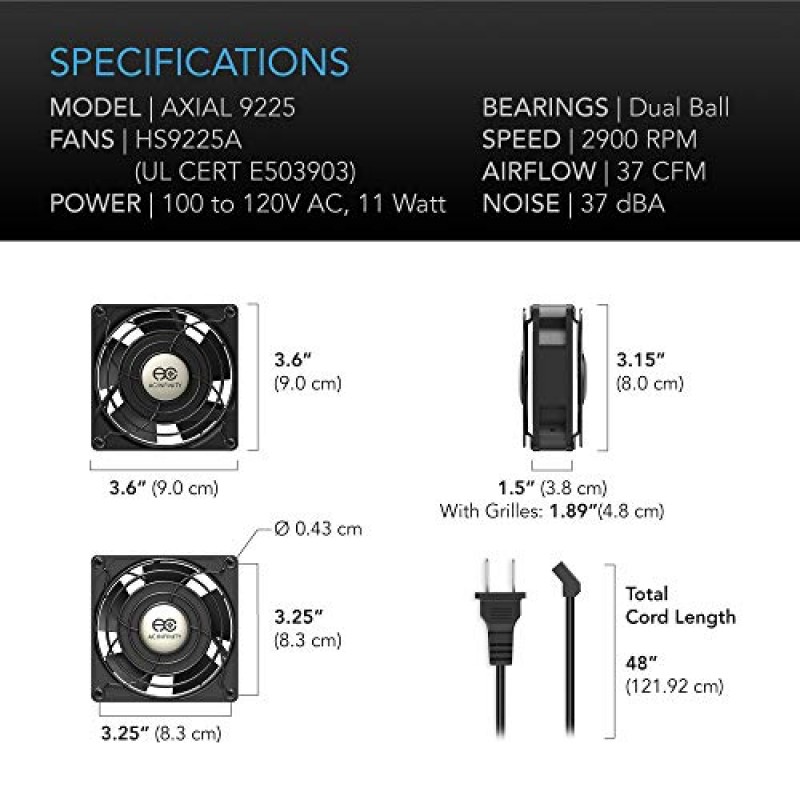 AC Infinity AXIAL 9225, 머핀 팬, 120V AC 92mm x 92mm x 25mm 고속, DIY 냉각 환기 프로젝트용 UL 인증