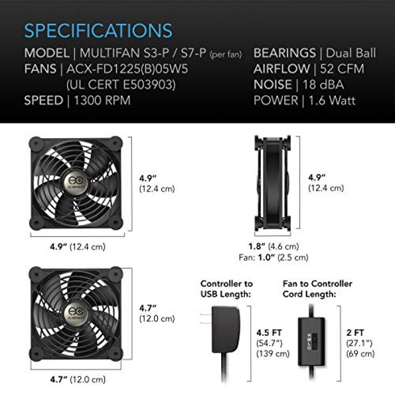 AC Infinity MULTIFAN S7-P, 속도 제어 기능이 있는 저소음 듀얼 120mm AC 전원 팬, 수신기 DVR 플레이스테이션 Xbox 구성 요소 냉각용 UL 인증