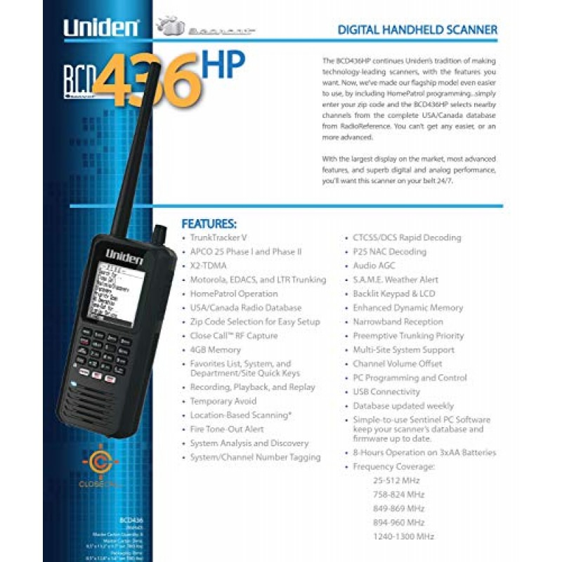 Uniden BCD436HP HomePatrol 시리즈 디지털 휴대용 스캐너. TrunkTracker V, 간단한 프로그래밍, S.A.M.E. 비상/날씨 경보, 미국 및 캐나다에 적용