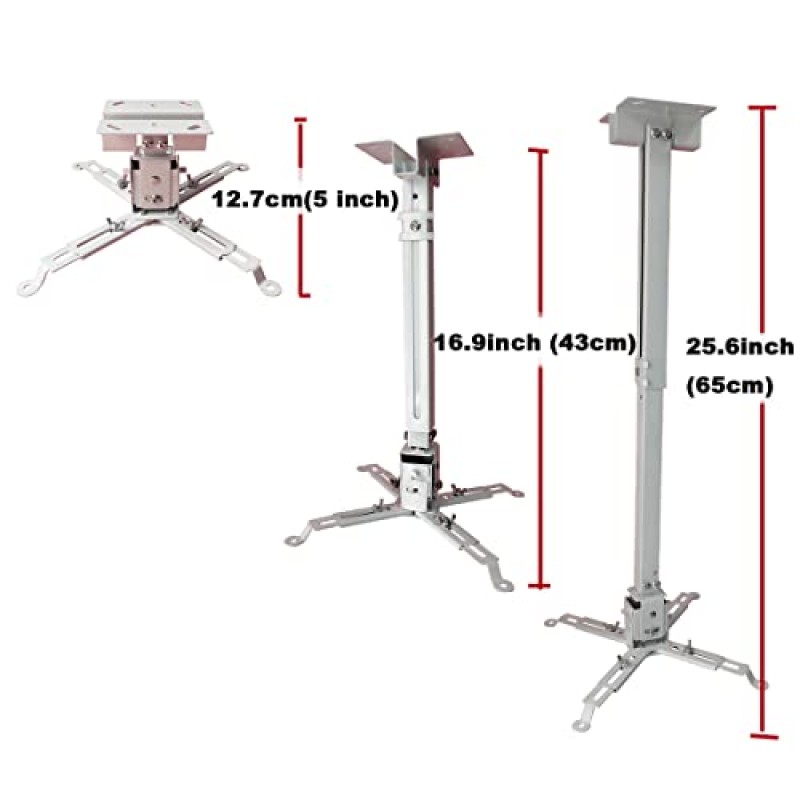 Henxlco 범용 프로젝터 마운트 벽 또는 천장 브래킷(높이 조절 가능 및 확장 가능한 암 틸트 포함) 가정 및 사무실용 다양한 크기의 프로젝터용 DLP LCD 프로젝션 마운트(흰색)