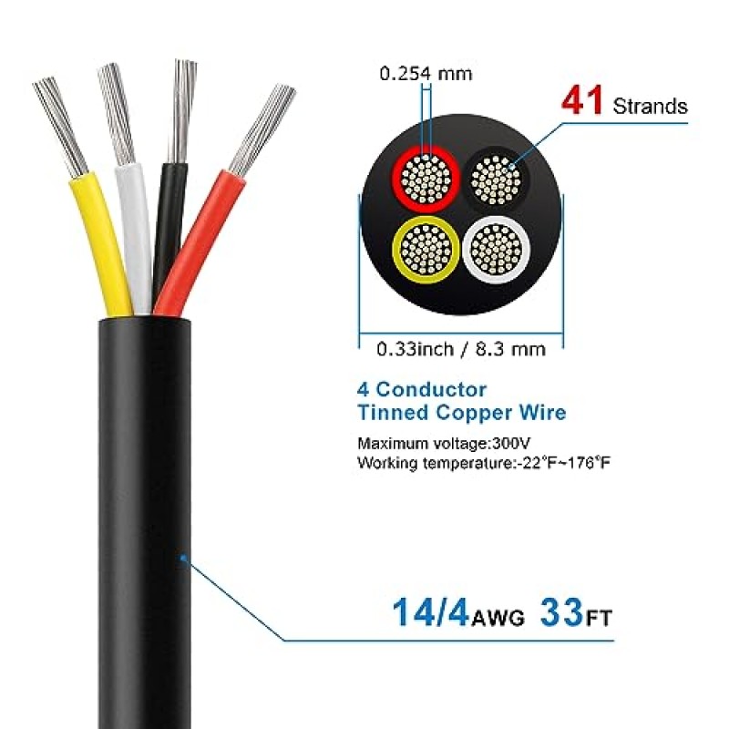 14 게이지 4 도체 전선, 33FT 14AWG 검정색 PVC 연선 주석 도금 구리 4 와이어 케이블, LED 램프 조명, 자동차, 스피커, 오디오, 전원 등을 위한 14/4 코드 연장 케이블