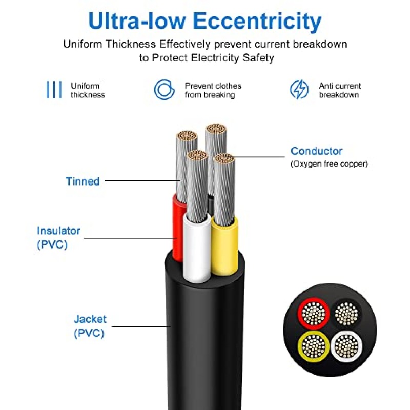 14 게이지 4 도체 전선, 33FT 14AWG 검정색 PVC 연선 주석 도금 구리 4 와이어 케이블, LED 램프 조명, 자동차, 스피커, 오디오, 전원 등을 위한 14/4 코드 연장 케이블