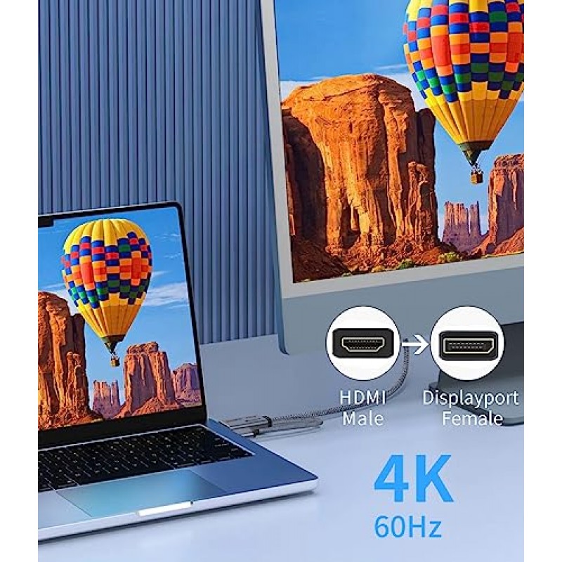 Shuomeng HDMI-DisplayPort 어댑터 4K@60Hz - (남성-여성) 변환기 케이블 HDMI-DP 1.2, 모니터용 USB 전원, PS4, 고속, HDCP2.2 호환 - 0.65FT/0.2M(양방향 아님)