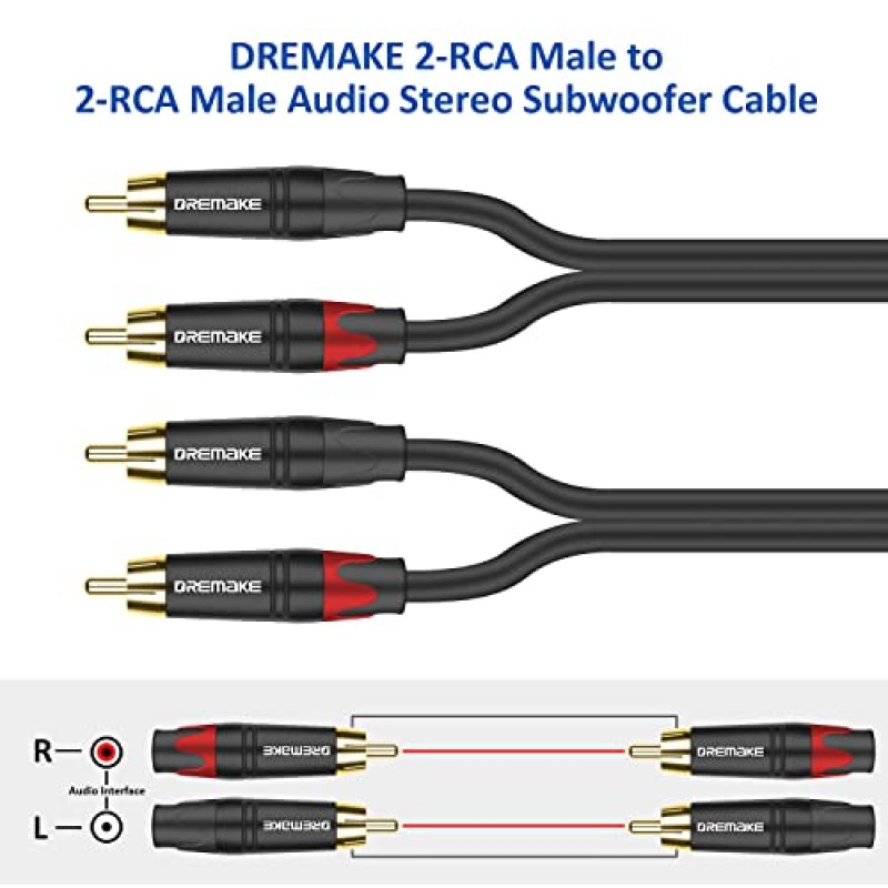 DREMAKE - 2 RCA 남성 - 남성 스테레오 오디오 케이블 3FT/1.0M - 듀얼 RCA - 듀얼 RCA M/M 플러그 - 2RCA - 2RCA 차량용 오디오 서브우퍼 어댑터 케이블 - 앰프 홈 시어터 Hi-Fi용 남성 RCA 동축 케이블