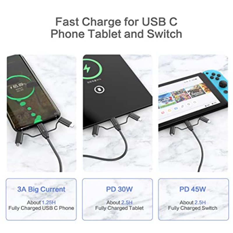 PD 60W USB C 다중 고속 충전 케이블, 5-in-1 다중 USB C 케이블, 3A USB A/USB C - iP/마이크로 USB/Type C 나일론 고속 동기화 충전기 어댑터, 노트북 태블릿 휴대폰용 4FT 다중 케이블 검정색