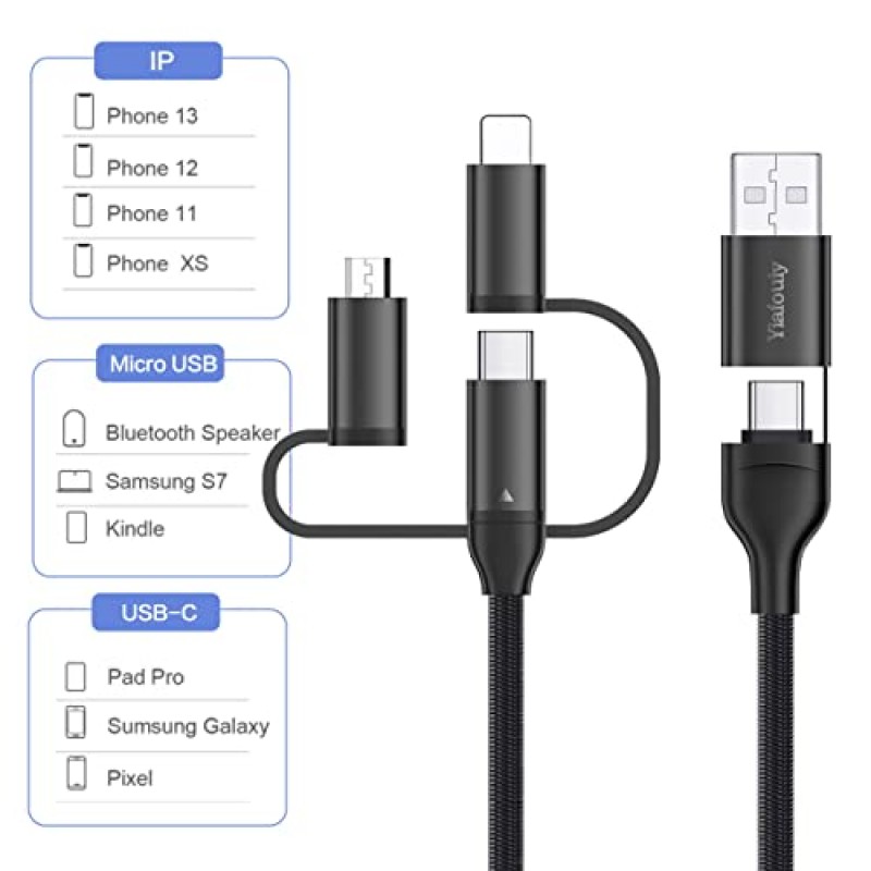 PD 60W USB C 다중 고속 충전 케이블, 5-in-1 다중 USB C 케이블, 3A USB A/USB C - iP/마이크로 USB/Type C 나일론 고속 동기화 충전기 어댑터, 노트북 태블릿 휴대폰용 4FT 다중 케이블 검정색