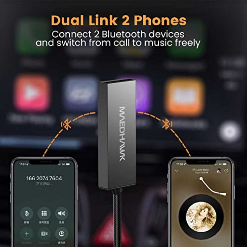 MaedHawk Bluetooth 5.0 수신기(마이크 포함) - Bluetooth Aux 어댑터 자동차 차량용 3.5mm 잭(A2DP,USB 전원, 자동 켜짐)이 포함된 BT 무선 오디오 차량용 키트 홈 스테레오 스피커 증폭기 음악 스트리밍