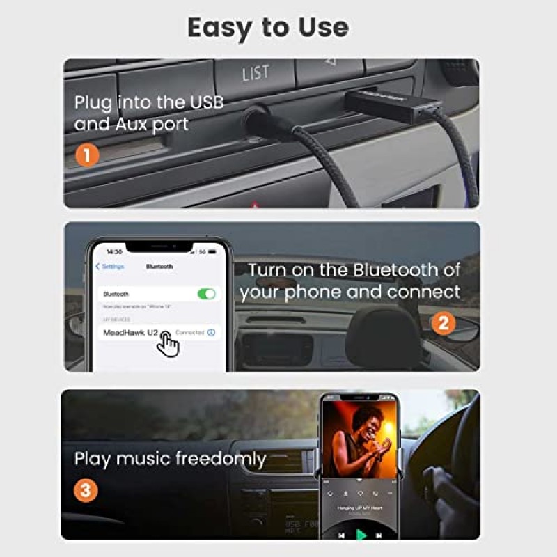 MaedHawk Bluetooth 5.0 수신기(마이크 포함) - Bluetooth Aux 어댑터 자동차 차량용 3.5mm 잭(A2DP,USB 전원, 자동 켜짐)이 포함된 BT 무선 오디오 차량용 키트 홈 스테레오 스피커 증폭기 음악 스트리밍