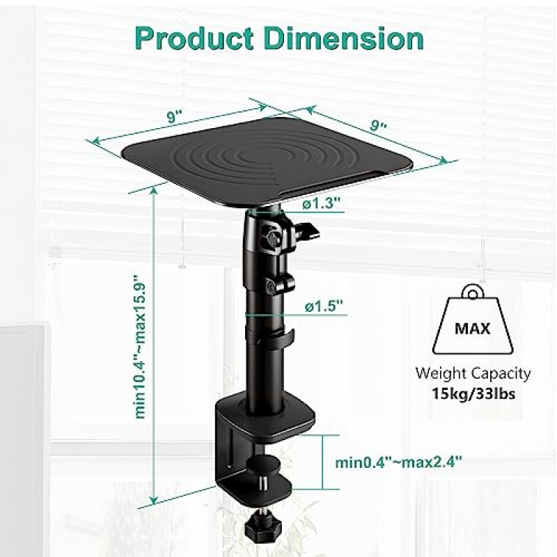 WALI 스튜디오 모니터 및 스피커 스탠드, 클램프온 데스크탑 스탠드 2개 세트, 책장 스피커용 높이 조절 가능 범용 오디오 홀더 노트북 프로젝터(SDS003), 블랙