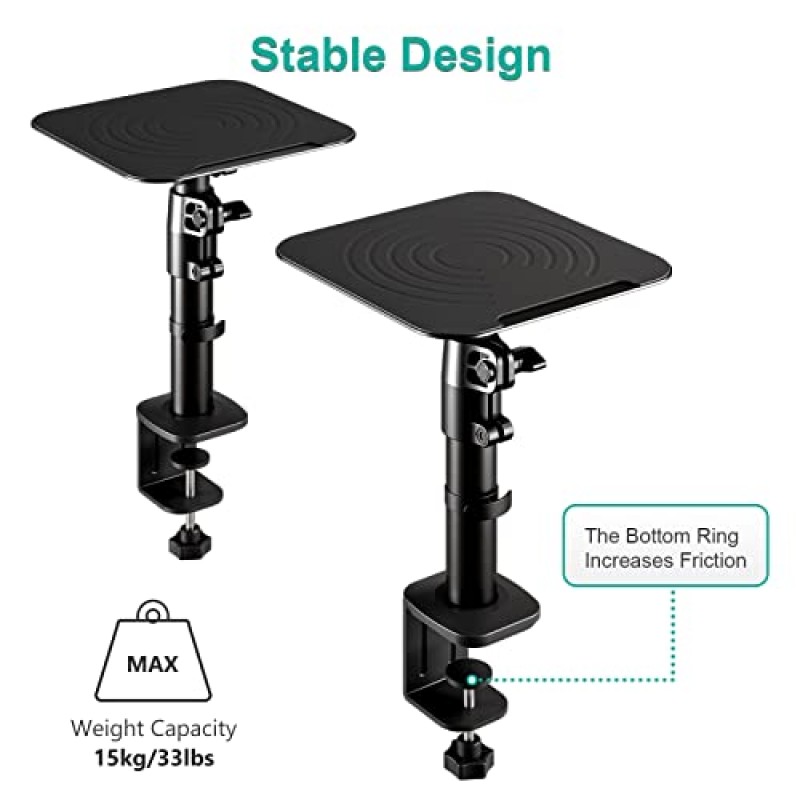 WALI 스튜디오 모니터 및 스피커 스탠드, 클램프온 데스크탑 스탠드 2개 세트, 책장 스피커용 높이 조절 가능 범용 오디오 홀더 노트북 프로젝터(SDS003), 블랙