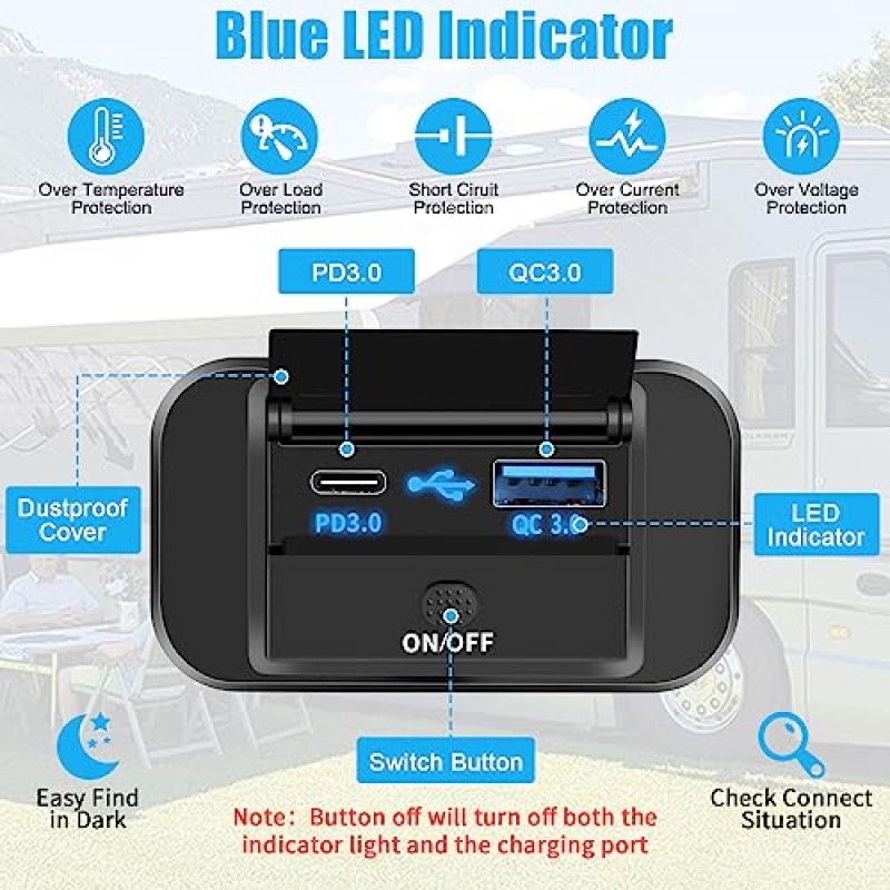 12V USB 콘센트, 듀얼 빠른 충전 3.0 12V 소켓 USB 충전기 및 PD3.0 Type-C(USB C), 스위치 커버가 있는 빠른 차량용 충전기 패널, RV 해양 오토바이 트럭 골프 카트용 USB 충전기 전원 소켓