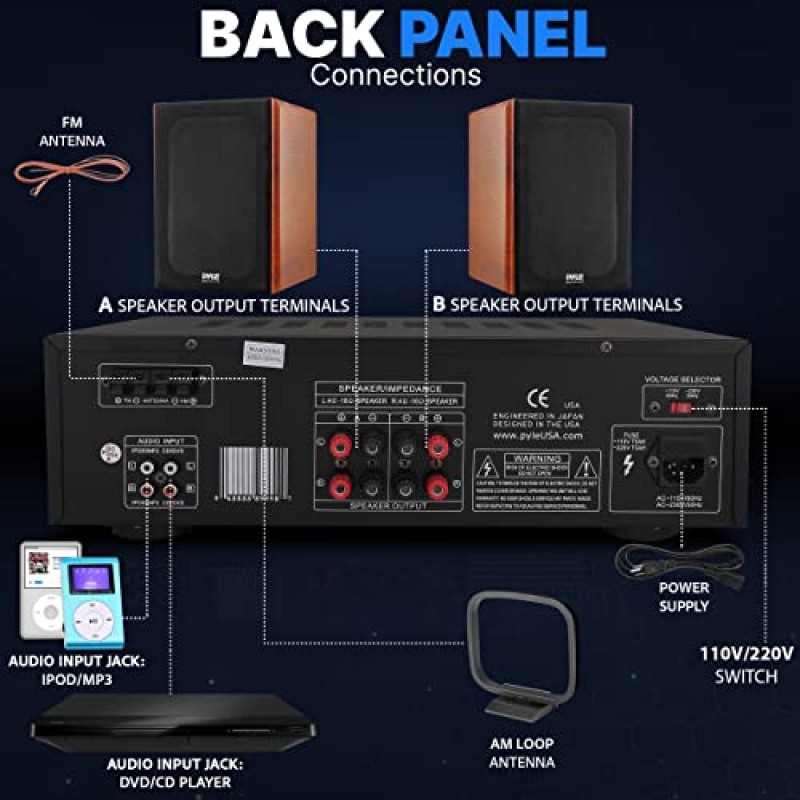 Pyle 200W 홈 오디오 전력 증폭기 - 스테레오 수신기(AM FM 튜너 포함), 마이크 입력 2개(가라오케용 에코 포함), 홈 엔터테인먼트 스피커 시스템에 탁월한 추가 기능, 17인치 - PT260A, 검정색