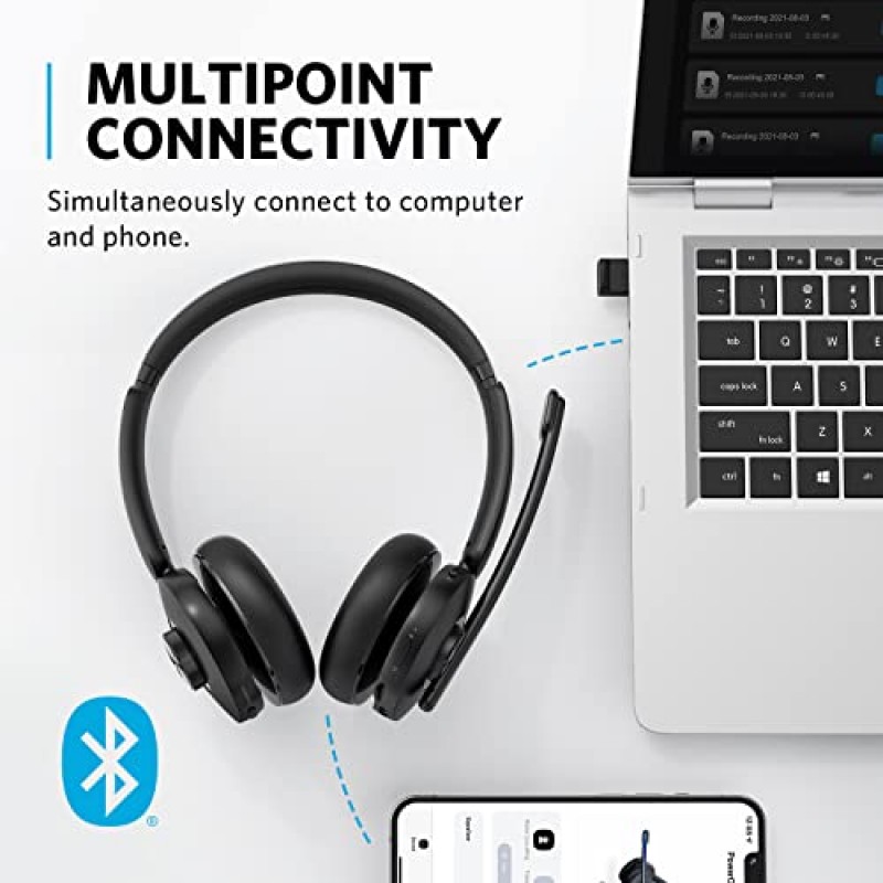 Anker PowerConf H500, 마이크가 포함된 Bluetooth 듀얼 이어 헤드셋, 오디오 녹음 및 회의 녹음, AI 강화 통화, 화상 회의 플랫폼과 호환 가능, 24시간 통화 시간