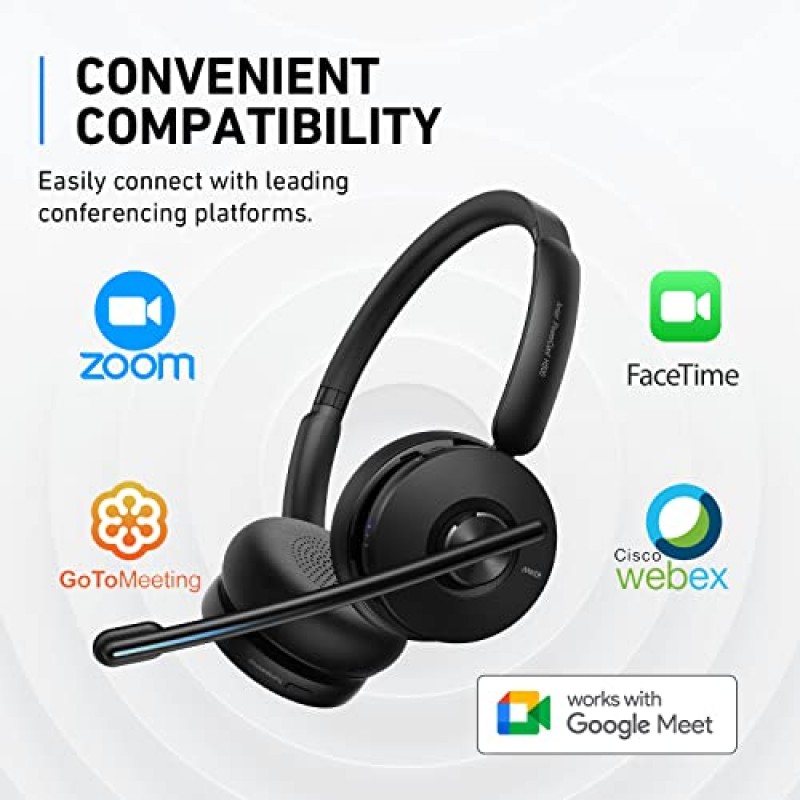 Anker PowerConf H500, 마이크가 포함된 Bluetooth 듀얼 이어 헤드셋, 오디오 녹음 및 회의 녹음, AI 강화 통화, 화상 회의 플랫폼과 호환 가능, 24시간 통화 시간