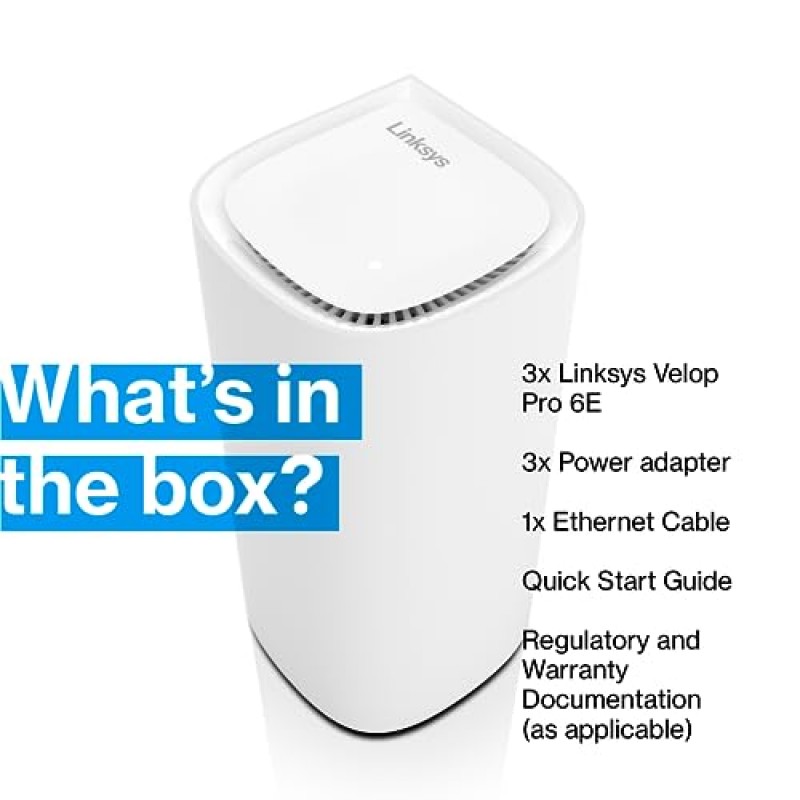 Linksys Velop Pro WiFi 6E 메시 시스템 - 6Ghz 대역 액세스 및 5.4(AXE5400)Gbps 진정한 기가비트 속도를 갖춘 인지 메시 라우터 - 최대 9,000평방피트 및 200개 이상의 장치를 집 전체에 적용 - 3팩