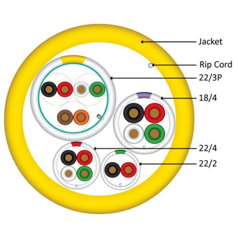 수직 케이블 액세스 제어 케이블 플레넘: 22AWG/3쌍 차폐 + 18AWG/4 도체 + 22AWG/4 도체 + 22AWG/2 도체, 연선 구리 도체, 500피트 스풀, 노란색