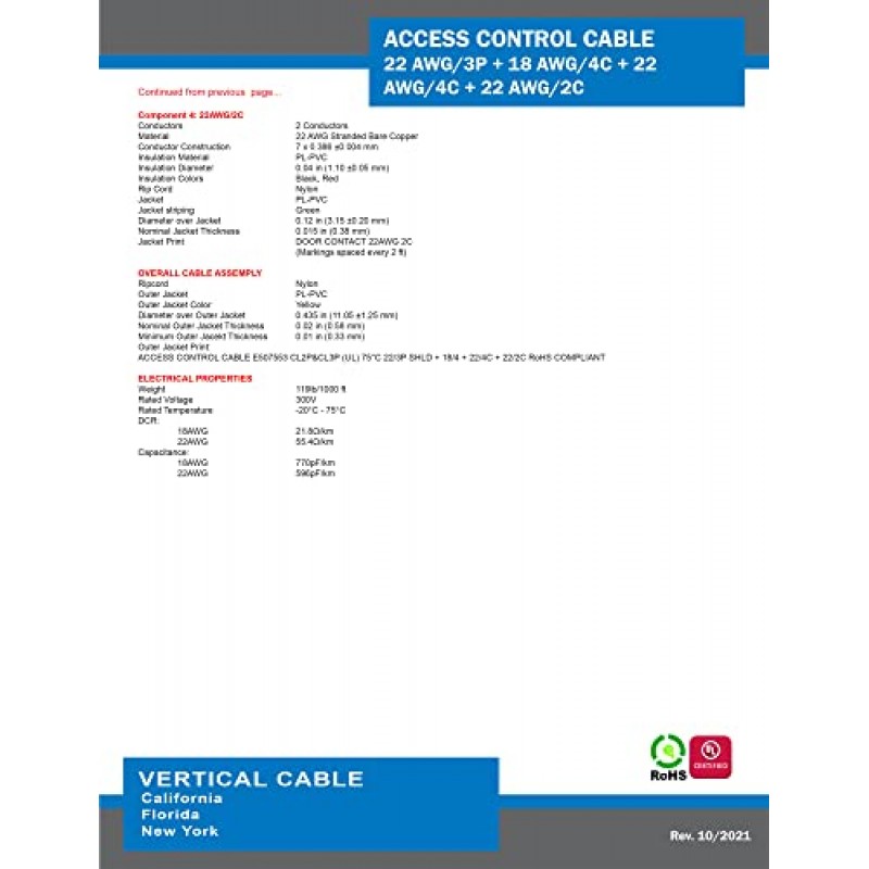 수직 케이블 액세스 제어 케이블 플레넘: 22AWG/3쌍 차폐 + 18AWG/4 도체 + 22AWG/4 도체 + 22AWG/2 도체, 연선 구리 도체, 500피트 스풀, 노란색