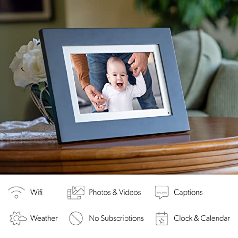 Simply Smart Home Photoshare 8인치 WiFi 디지털 액자, 휴대폰에서 액자로 사진 보내기, 8GB, 5,000장 이상의 사진 저장, HD 터치스크린, 검은색 목재 프레임, 간편한 설치, 수수료 없음