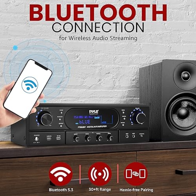 Pyle Home Bluetooth 극장 수신기 증폭기 - 고음, 저음, 에코 제어, MP3/USB/FM, 스트리밍 엔터테인먼트, 노래방을 위한 듀얼 채널 오디오 스테레오 시스템이 포함된 500와트 피크 파워 앰프