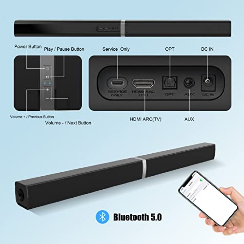 MZEIBO TV 사운드 바, TV용 사운드 바 Bluetooth 5.0 사운드바 50W 32인치 분할 사운드바, HDMI-ARC/광/AUX 연결, 홈 시어터 오디오용 2-in-1 분리형 사운드바