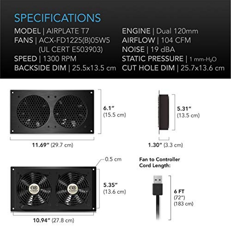 AC Infinity AIRPLATE T7, 저소음 냉각 팬 시스템 12인치(온도 조절 장치 포함), 홈 시어터 AV 캐비닛용