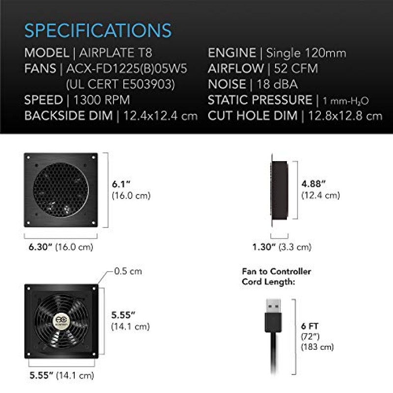 AC Infinity AIRPLATE T8, 저소음 냉각 듀얼 팬 시스템 6인치, 온도 조절 장치 제어 기능, 홈 시어터 AV 캐비닛용